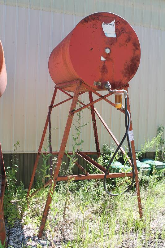 lot 33 image: Hermann Oil Co. Standard Metal Fuel Tank wStand Cylinder Tank Volume Gauge Pump Attachment 40 x 61 x 105.