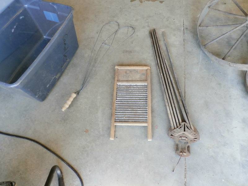 Antique clothes washer and wood clothes dryer and rug beater