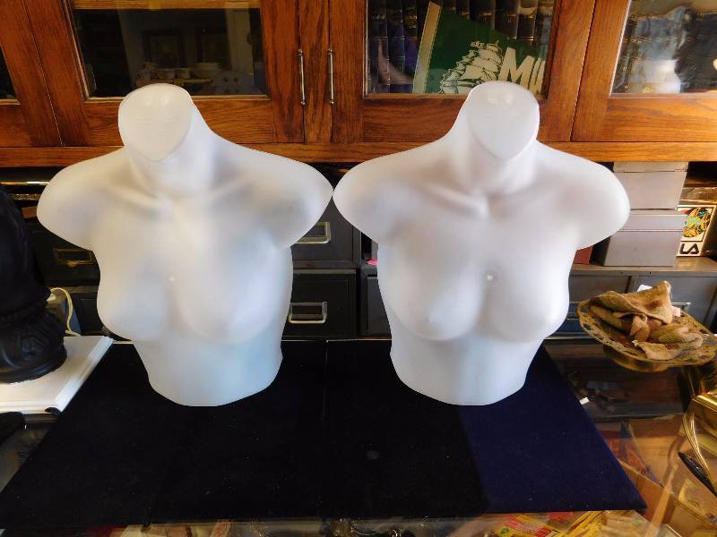two white small hanging shirt body forms