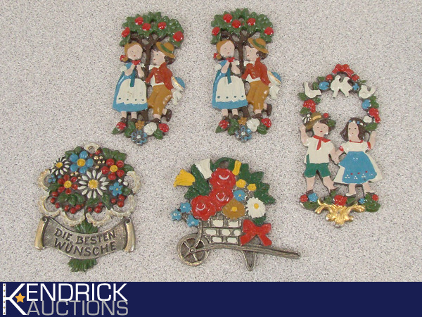 lot 10 image: 5 Mint Vintage Germany Kuhn Zinn Enameled Pewter Ornaments