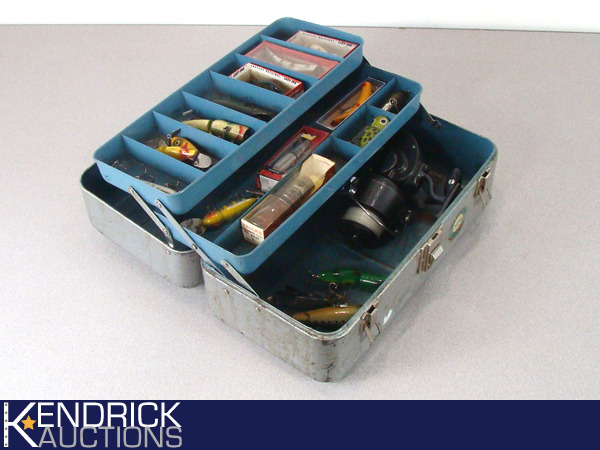 lot 16 image: Vintage Union Tackle Box Filled with Vintage Wood Fishing Lures, Bobbers, and Reel