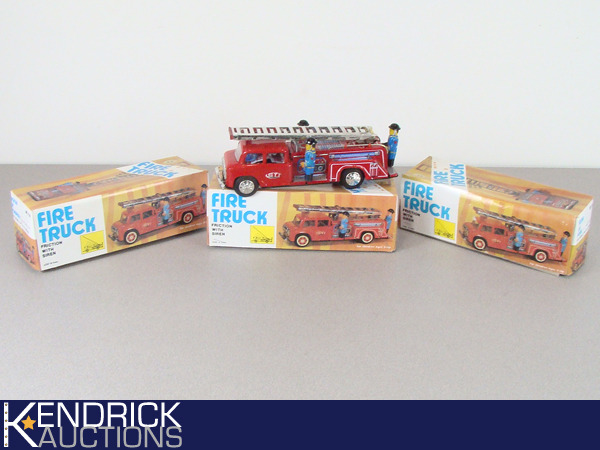 lot 25 image: 3 Vintage Mint in Box Tin Friction Fire Truck Toys