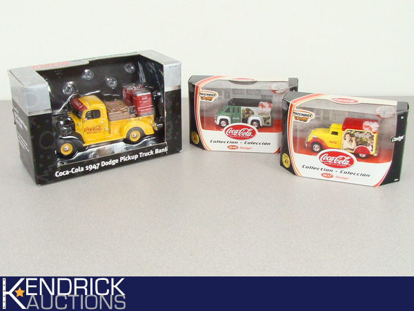 lot 74 image: 3 NRFB Mint in Box Coca-Cola Themed Die Cast Cars