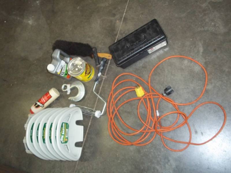 New hose holders, CLR, took box, extension cord, and hook