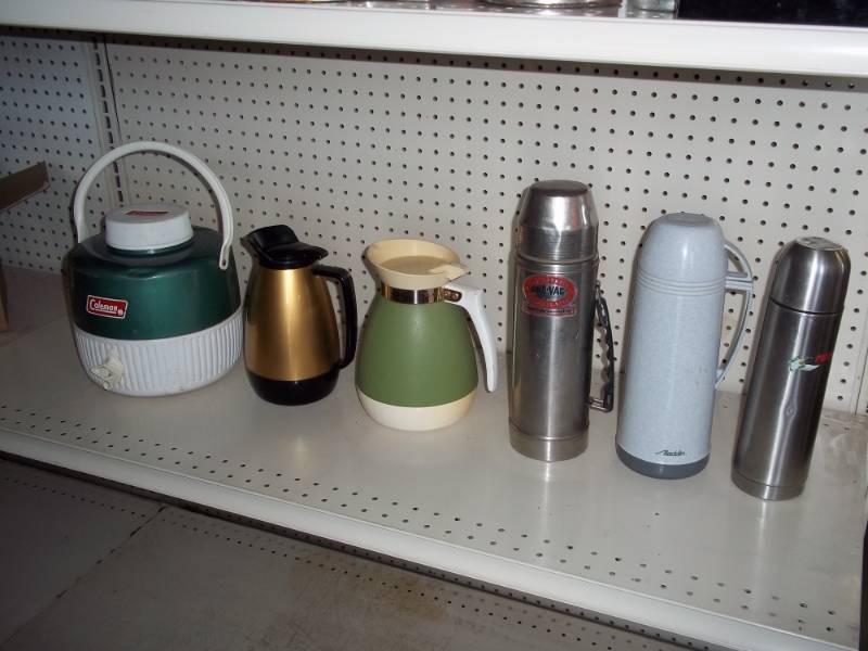 Thermos, coffee pots and Coleman drink cooler