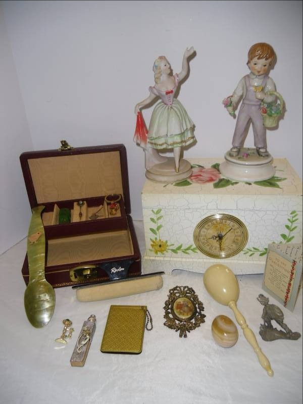lot 6 image: Ladies Dresser - Goebel Figurine, Rotary Phone Dialer, Celluloid Shoe Horn