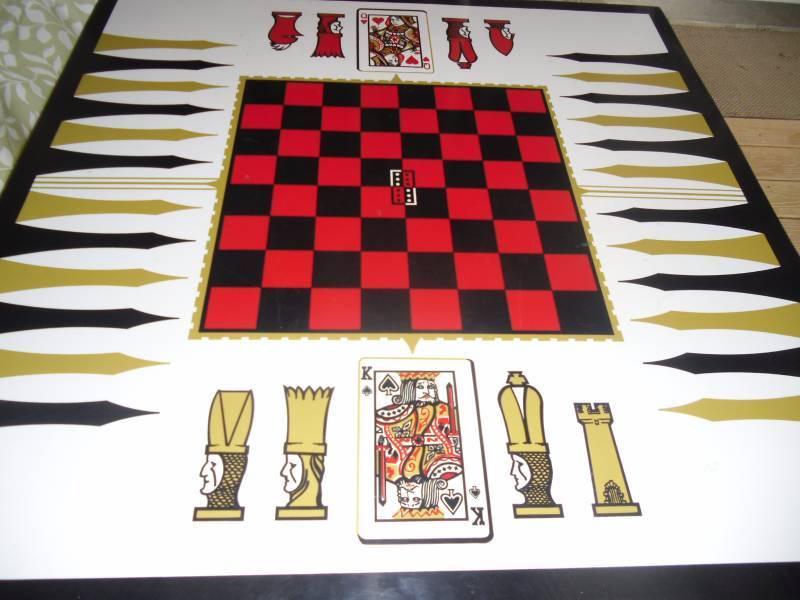 lot 20 image: Lets Play  Game Card Table and Vintage Monopoly Game pieces, Canasta Trey, Chessman