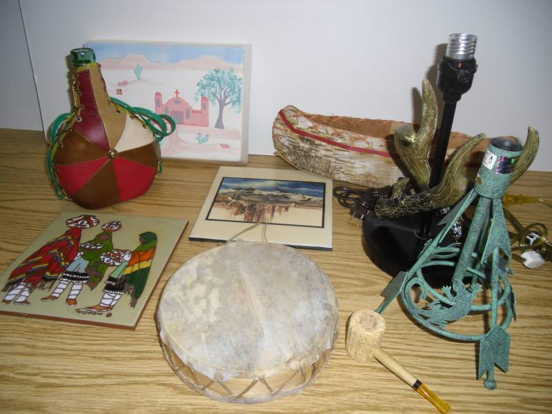 lot 36 image: Lot SW-15 Southwestern Collection Lamps, Tiles, Drum, Canoe 