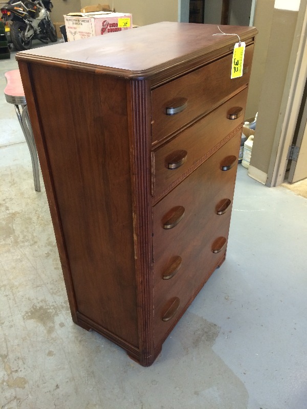 lot 32 image: Vintage (Very Old) Dresser 5 drawers - Still in nice shape  34 wide x 18 deep x 49 high    Walnut Wood
