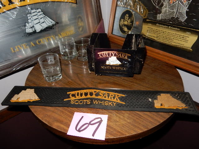 lot 69 image: Cutty Sark Corner.. MIrrored Signs, glasses, Bar STrip, Napkin holder