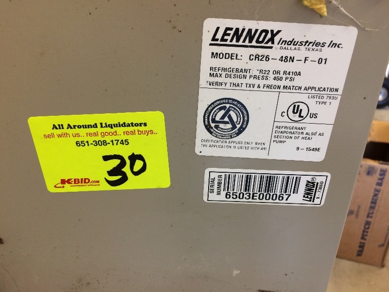 lot 30 image: Lennox Evaporator Coil in Case  CR2648NF01  48,000 BTU  4 ton  R22 or R410a  New - never used