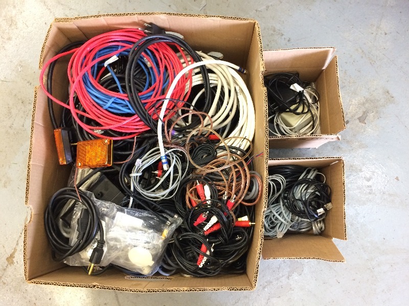 lot 70 image: Large assortment of IT Cabling, Phone line accessories, power cords, stereo speaker wire, connectors & accessories