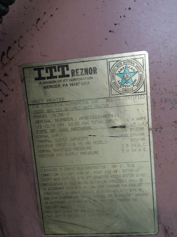 lot 133 image: Reznor Unit Heater  30,000 BTUs  Nat Gas