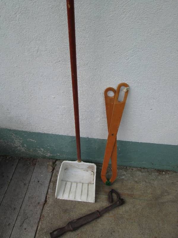 Long handled scoop, large wood pick...
