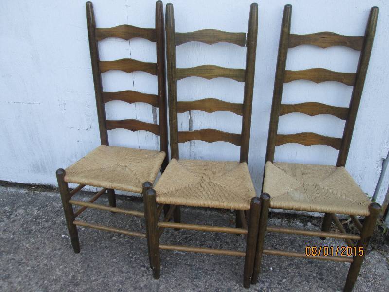 lot 46 image: 3 wood chairs with woven seats...