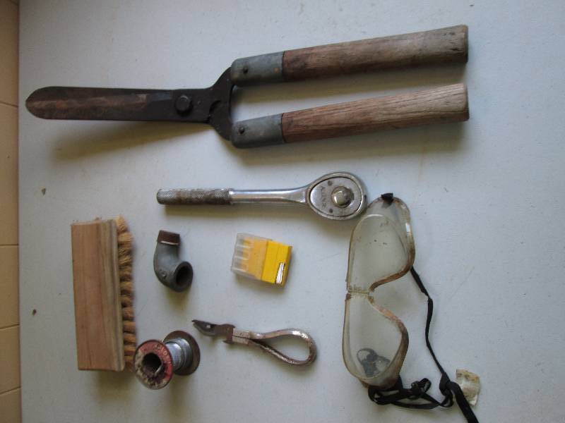 Safety goggles, roll of solder acid...