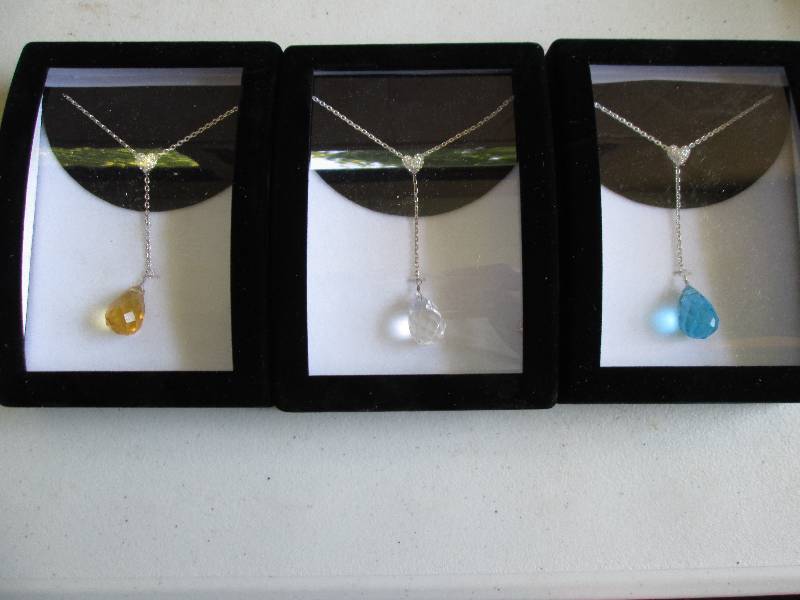3 new necklaces, topaz, clear, turq...