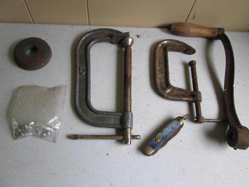 5 and 3 inch C clamps, grinding sto...
