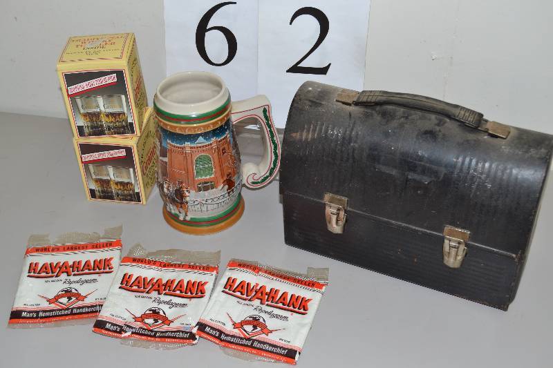 lot 62 image: Lunch box, hankies, stein
