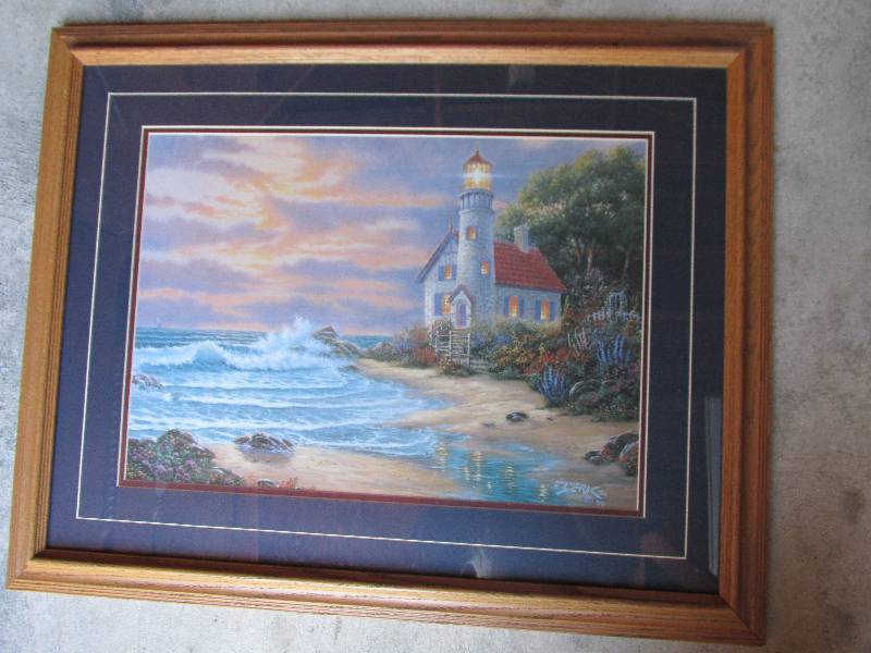 Framed and matted lighthouse print,...