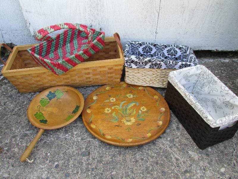 Hand painted wood and woven baskets...