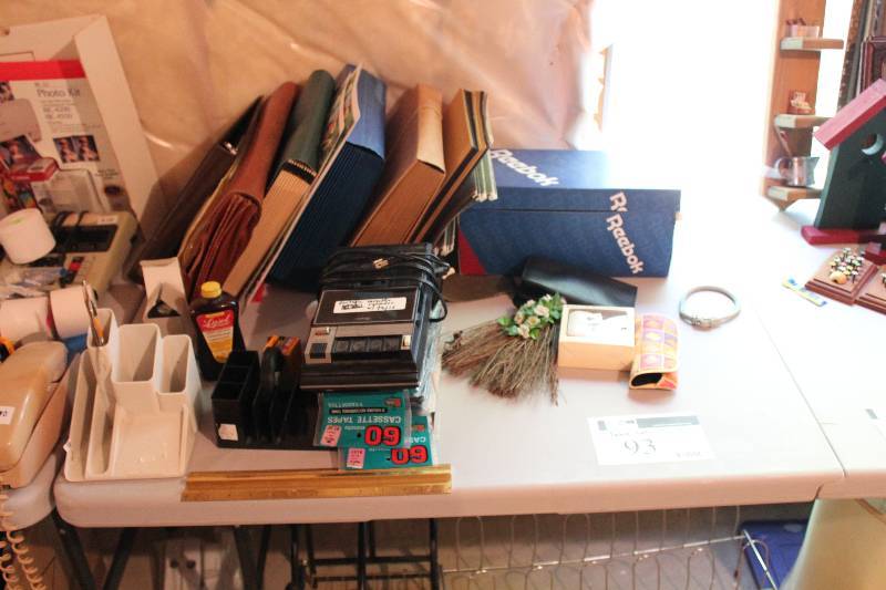 lot 93 image: Table Lot Including Organizational Folder Organizational Tray wStanding Compartments Box of Candles Portable Cassette Recorder wTapes and More.