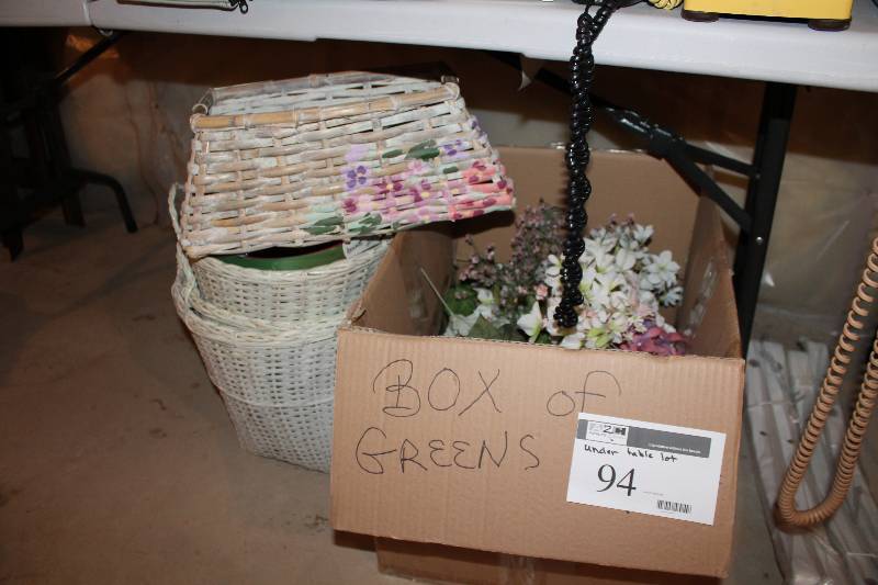 lot 94 image: Floor Lot (Under Table) Including Dmetal News Paper Stands Shoe Rack Wicker Baskets And More.