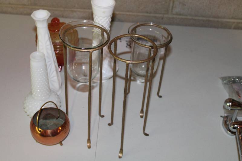 lot 86 image: Lot of (8) Including White Glass Vases (2) Glass Holders wMetal Stands Small Glass Candy Dish And More.
