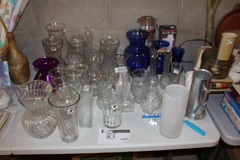 lot 83 image: Table Lot Including Glass Vases Miscellaneous Shapes, Sizes & Styles.