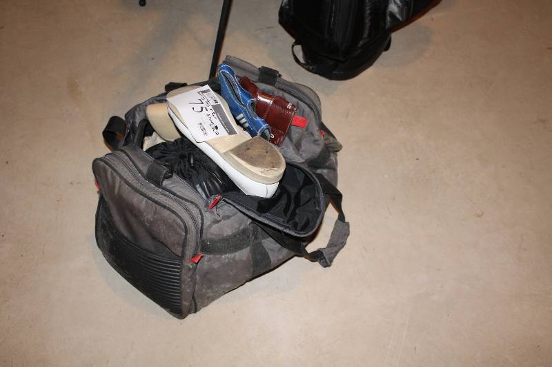 lot 75 image: Bowling Lot Including Bowling Ball Bowling Bag Wrist Guard Bowling Shoes Size 12.