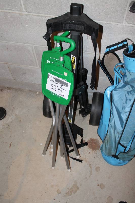 lot 62 image: Lot of (3) Including Bag Boy Golf Caddy wWheles & Pull Handle Classic Golf Seat Portable Golf Chairs (2).