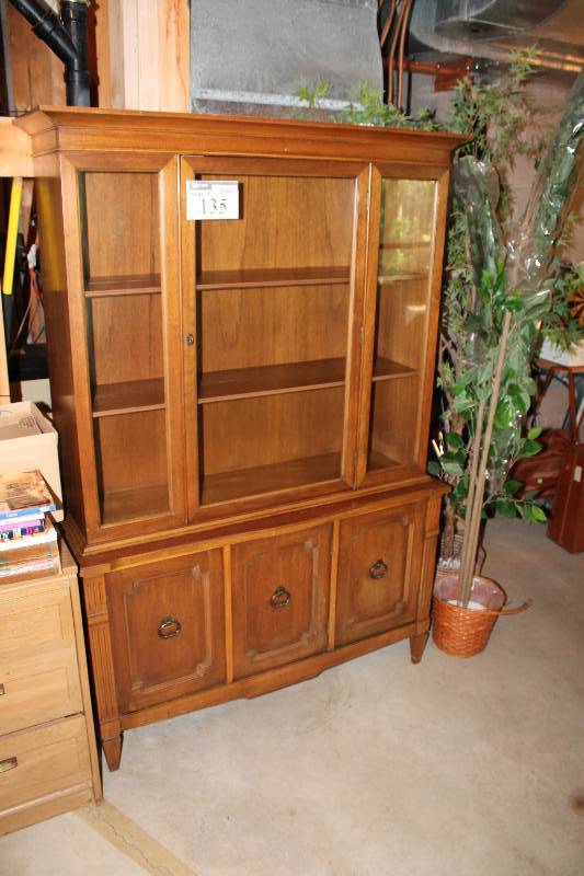 lot 135 image: Wooden Cabinet wUpper Shelves & Glass Doors Lower Shelves wWooden Doors 15 x 46 x 68.