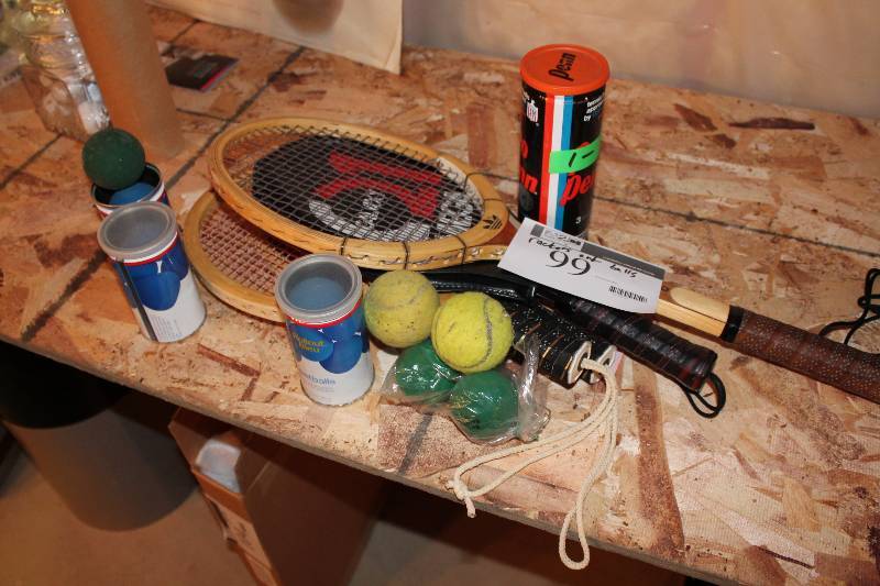 lot 99 image: Tennis Lot Including Vintage Tennis Rackets Tennis Balls and More.