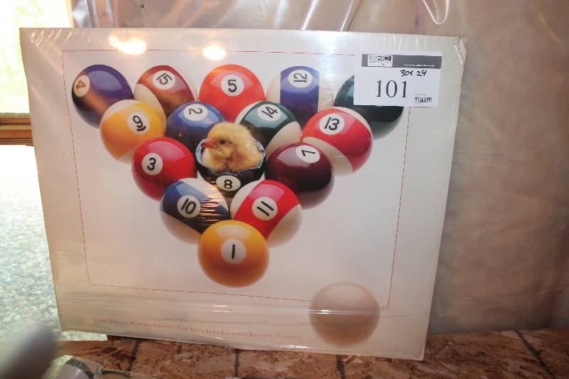 lot 101 image: Decorative Art Print wRacked Pool Balls Image 30 x 24.