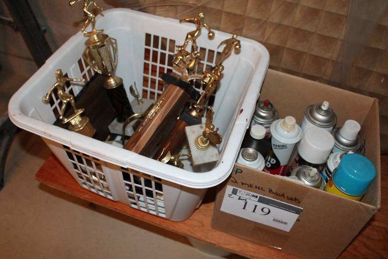 lot 119 image: Box Lot of (2) Including Trophies wStands Aerosol Sprays Including Scotts Liquid Gold Wood Cleaner & Preservative, And More.