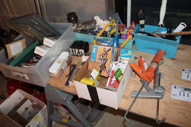 lot 111 image: Half Table Lot Including Caulk Guns (2) Paint Roller Paint Scrapers And More.