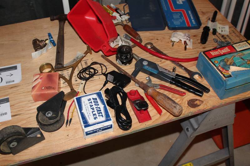 lot 110 image: Half Table Lot Including Doo-Fast Staples Hand Riveter Casters And More.