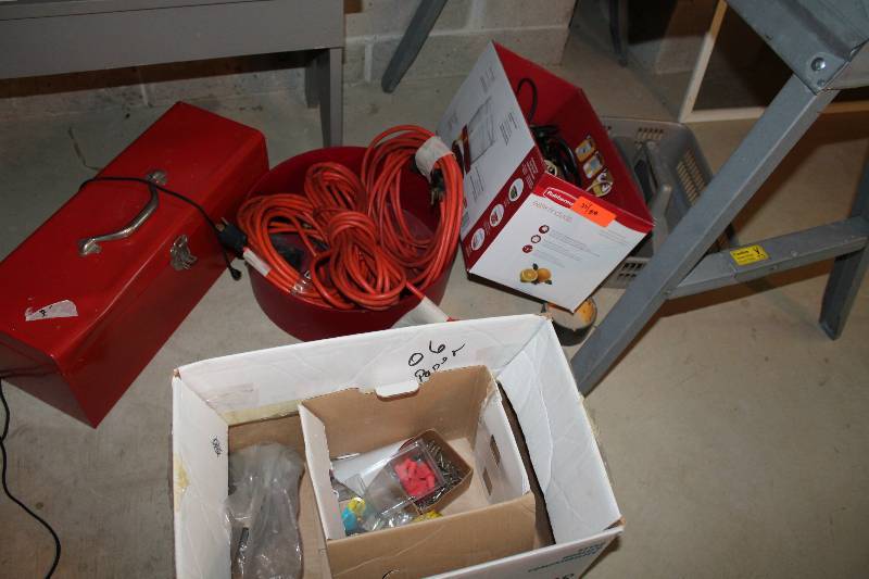 lot 112 image: Floor Lot (Under Table) Including Metal Tool Box wHandle Extension Cords Cables And More.