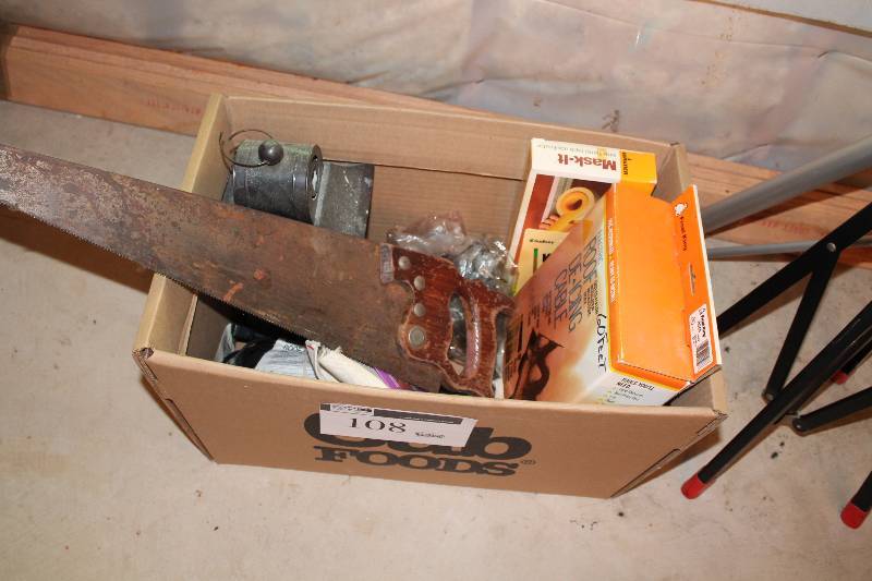 lot 108 image: Box Lot Including Hand Saw Hanging Candle Holder Gutter Cable And More.
