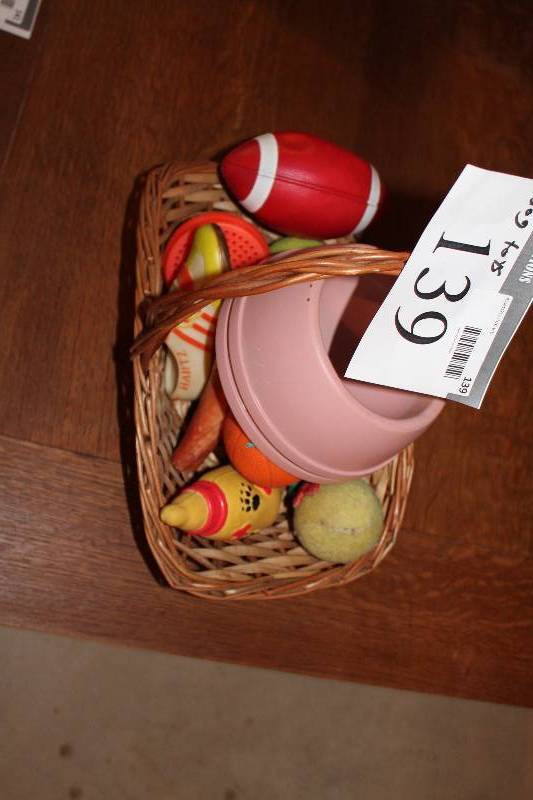 lot 139 image: Basket Lot Including Dog Bowls (2) Dog Toys Basket.