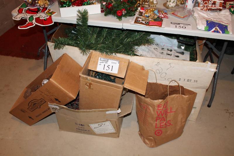 lot 151 image: Floor Lot (Under Table) Including Artificial Christmas Tree, 7 wStand Christmas Lights Decorative Pine Cones And More.