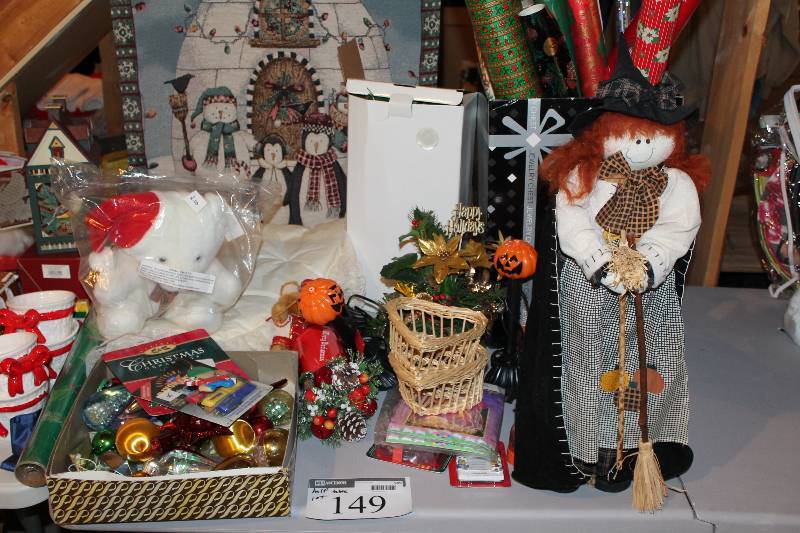 lot 149 image: Holiday Decoration Lot Including Christmas Gift Wrap Decorative Santa Bear Wicker Baskets (3) And More.