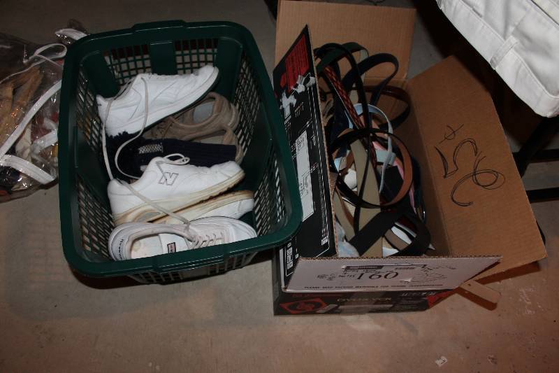 lot 160 image: Box Lot of (2) Including Mens Shoes, Most Size 12 Or Similar Belts And More.