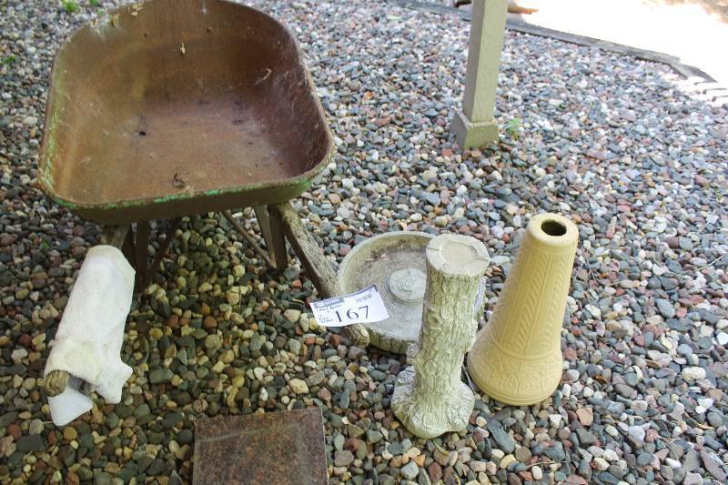 lot 167 image: Lot of (3) Including Wheel Barrow Bird baths wStands (2).