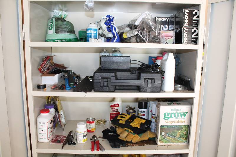 lot 33 image: Lot of (3) Shelves Including Crafstman Industrial 38 DrillDriver wCase & Attachments AMF Heavy-2 Aerobic Weights Gardening Gloves Gardening Supplies And More.