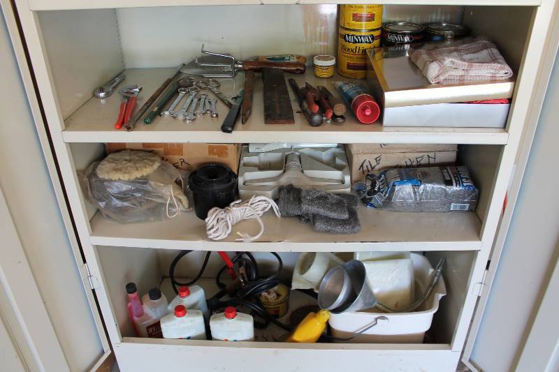 lot 34 image: Lot of (3) Shelves Including Box of Tile Metal Wrenches Ratchet Wrench And More.