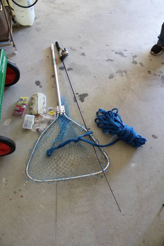lot 27 image: Fishing Lot Including Fishing Net Artificial Bait Plastic Containers wDivided Sections Synergy 4 Steel Rod And More.