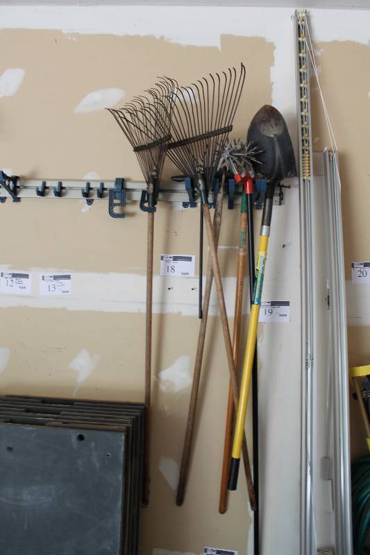 lot 18 image: Wall Lot Including Rake (2) Shovel Lawn Aerator And More.