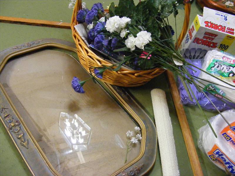 Vintage Picture Frame With Glass, Wicker Basket with Flowers, Picnic Supplies
