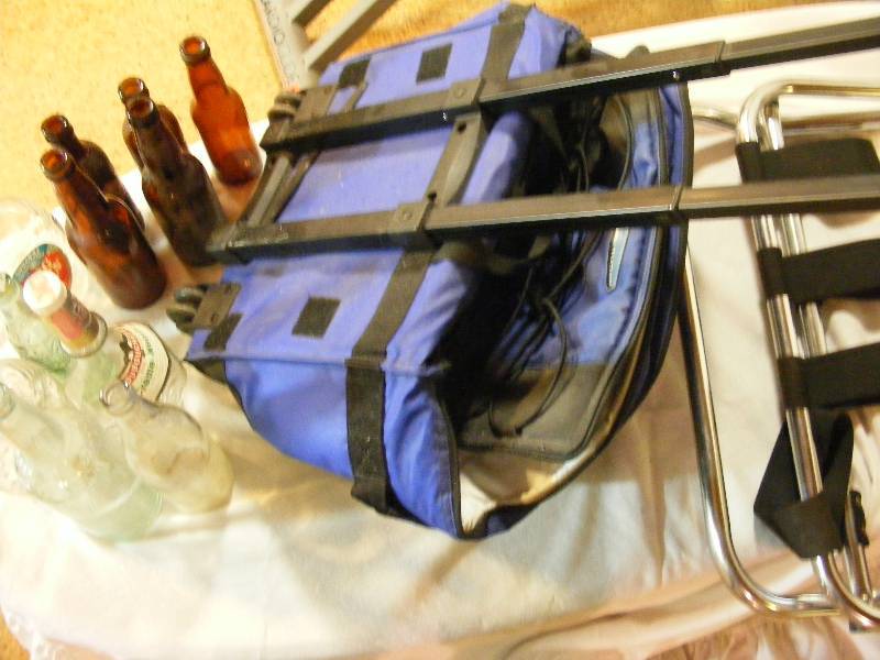 Rolling Cooler, Vintage Bottles, Folding Suitcase Stand